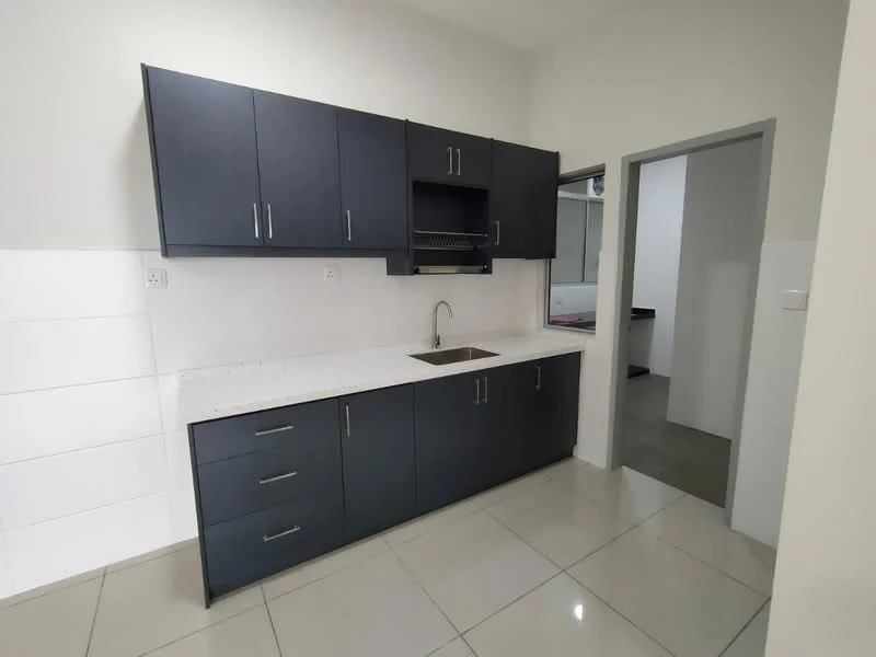 Kitchen features: dark wood cabinetry, granite countertop, single-bowl stainless-steel sink, chrome pull-down faucet, ceramic tile backsplash, white tiled walls, grey tiled flooring, built-in shelving, recessed lighting; style: modern.