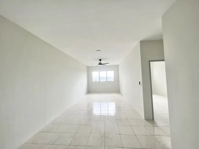 Living features: white painted walls, glossy ceramic tile flooring, 5-blade ceiling fan, large window with city view, neutral color scheme, open layout, no visible furniture, bright natural light; style: modern; view: city.