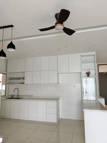 Kitchen features: white cabinetry, marble countertop, single-bowl stainless-steel sink, chrome pull-down faucet, built-in oven, freestanding range oven, ceramic tile flooring, recessed downlights, 5-blade ceiling fan, pendant lights, open shelving, glass-front upper cabinets; style: modern.