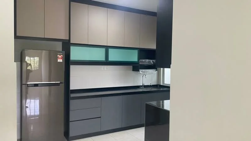 Kitchen features: stainless-steel fridge, black countertop, grey cabinetry, upper cabinets with frosted glass panels, lower cabinets with flat-panel design, single-bowl stainless-steel sink, chrome pull-down faucet, white tiled backsplash, tile flooring, window for natural light; style: modern.