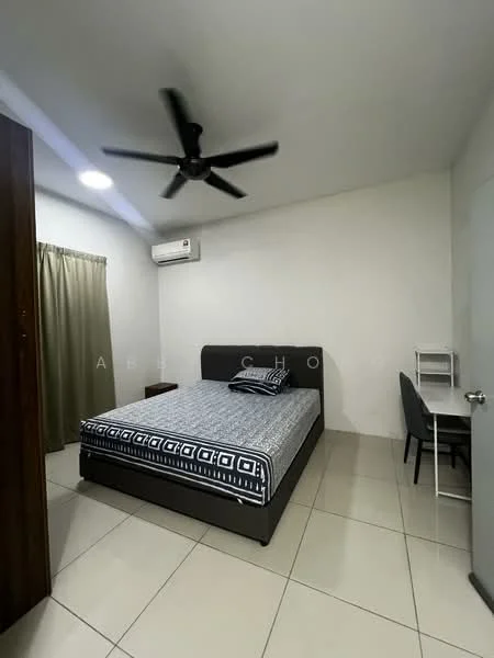 Bedroom features: queen-size bed, upholstered headboard, 2 bedside lamps, wall-mounted split AC, 5-blade ceiling fan, white painted walls, tile flooring, curtains, study desk, chair; style: modern.