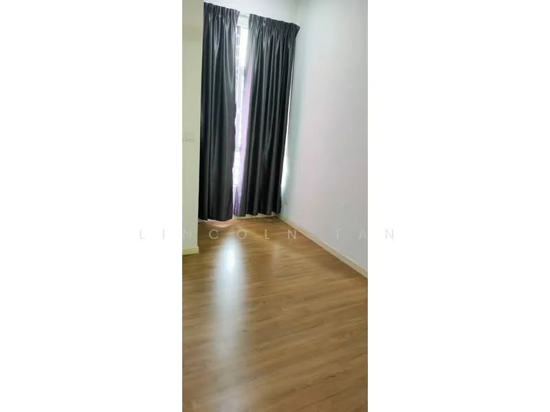 Room features: laminate flooring, white painted walls, floor-to-ceiling window, blackout curtains.