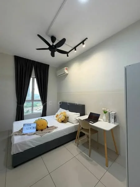 Bedroom features: queen-size bed with white bedding, black ceiling fan with 5 blades, floor-to-ceiling window with sheer curtains, light grey walls, white tiled flooring, study desk with wooden legs, white chair, framed artwork on wall, decorative plants, teddy bear decor, air conditioning unit on wall; style: modern; view: city.
