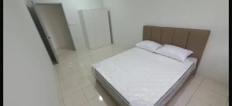 Bedroom features: queen-size bed with upholstered headboard, white bedding, white walls, glossy tile flooring, built-in wardrobe, single door, window with no visible treatment; style: modern.