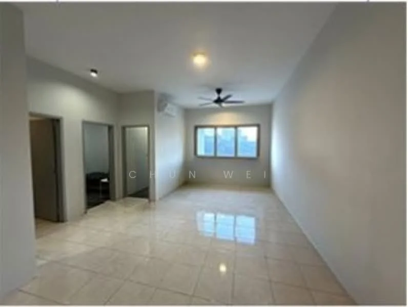Living features: white painted walls, glossy ceramic tile flooring, 5-blade ceiling fan, floor-to-ceiling window, air conditioning unit, neutral color scheme, recessed lighting, open layout; style: modern; view: city.