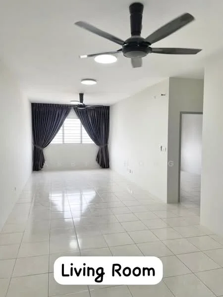Living features: white painted walls, glossy ceramic tile flooring, 5-blade ceiling fan with light, recessed downlights, floor-to-ceiling windows, dark grey curtains, neutral color scheme, open layout; style: modern.