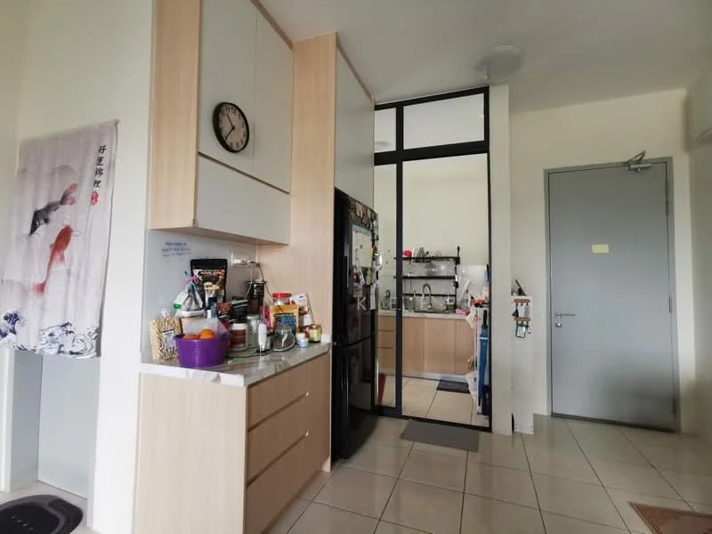 Kitchen features: light wood cabinetry, white countertop, black refrigerator, built-in oven, ceramic tile flooring, wall clock, open shelving, kitchen utensils and appliances on countertop, mirror backsplash, sink, window, door to hallway; style: modern.