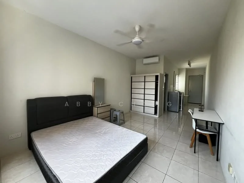 Bedroom features: king-size bed, upholstered headboard, white walls, ceiling fan, tile flooring, built-in wardrobe with sliding doors, study desk with chair, mirror, air conditioning unit, window with natural light; style: modern.