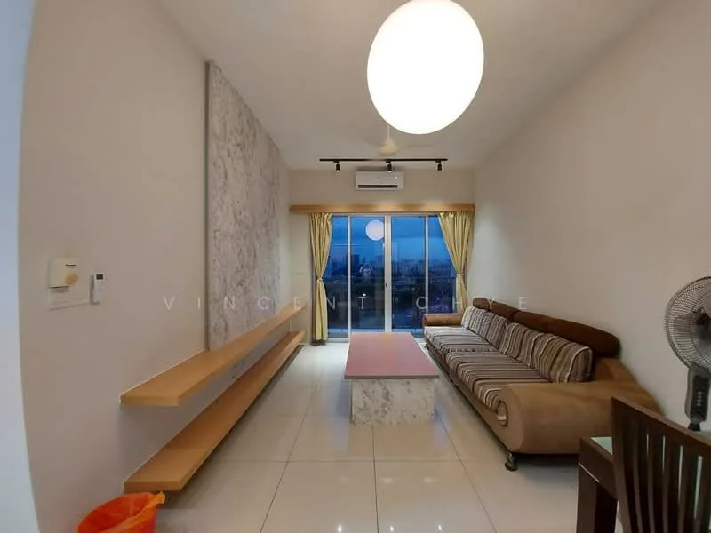 Living features: cream painted walls, white ceiling, marble tile flooring, 3-seater fabric sofa with striped pattern, coffee table with marble top, floor-to-ceiling windows, sheer curtains, 1 wall-mounted split AC, ceiling light fixture, decorative wall panel, fan, dining table with chairs; style: modern; view: city.