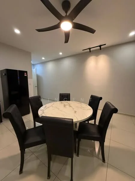 Dining features: round marble dining table, 6 black upholstered dining chairs, white painted walls, recessed LED downlights, 5-blade ceiling fan with light, glossy tile flooring, black refrigerator; style: modern.