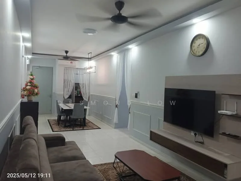 Living features: 3-seater fabric sofa in brown, coffee table with wooden top, wall-mounted TV, TV console with storage, recessed downlights, ceiling fan, decorative wall clock, white painted walls, tile flooring, area rug with geometric pattern, curtains on windows, dining area visible in background; style: modern.