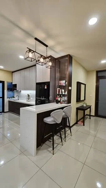 Kitchen features: white cabinetry, black countertop, stainless-steel sink, chrome pull-down faucet, built-in oven, freestanding range oven, refrigerator, pendant lighting with 3 bulbs, bar stools, tile flooring, wall-mounted shelves, mirror, decorative items on shelves; style: modern.
