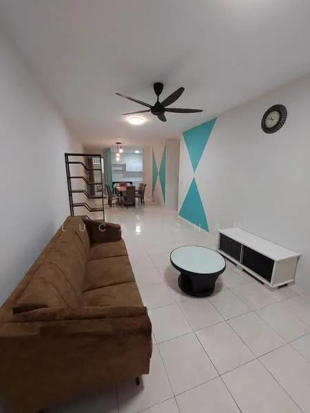 Living features: brown fabric sofa, round glass coffee table, white TV console, ceiling fan with light, white tiled flooring, decorative wall clock, accent wall with blue geometric design, open layout to dining area; style: modern.