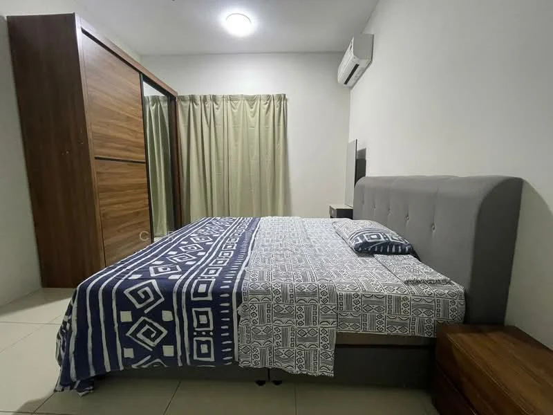 Bedroom features: king-size bed with grey upholstered headboard, decorative bedspread with geometric pattern, two bedside tables in wood, built-in wardrobe with sliding doors, floor-to-ceiling mirror on wardrobe, cream curtains, wall-mounted air conditioning unit, neutral painted walls, tile flooring, ceiling light fixture; style: modern.