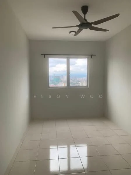 Room features: plain white walls, glossy white tile flooring, ceiling fan, large window with city view, roller blinds; style: modern; view: city.