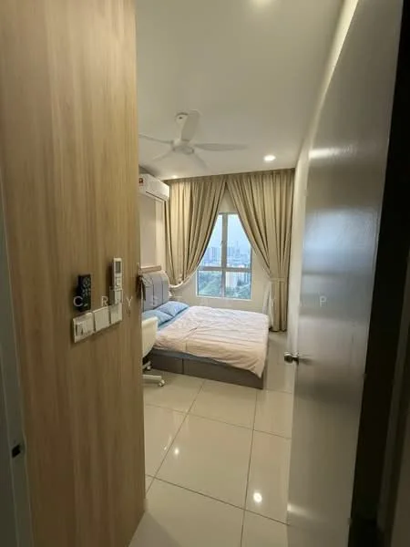 Bedroom features: queen-size bed, upholstered headboard, bedside table, floor-to-ceiling window, curtains, wall-mounted air conditioning unit, ceiling fan, tile flooring, light-colored walls, built-in wardrobe; style: modern; view: city.