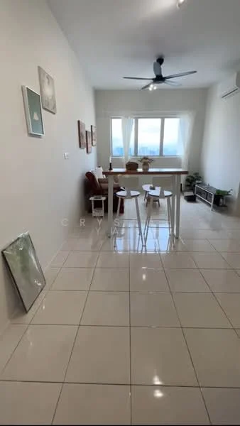 Living features: white painted walls, glossy ceramic tile flooring, 5-blade ceiling fan with light, floor-to-ceiling windows, sheer curtains, brown fabric sofa, round dining table with three white stools, decorative plant, TV console, framed artwork on wall; style: modern; view: city.