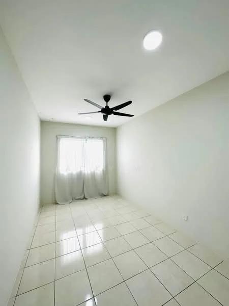 Room features: white painted walls, glossy ceramic tile flooring, 5-blade ceiling fan, floor-to-ceiling windows, sheer curtains, recessed downlights.