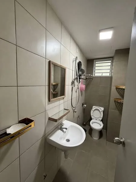 Bathroom features: grey tiled walls, grey tiled flooring, single-bowl white ceramic sink, chrome basin mixer faucet, wall-mounted mirror, toilet, handheld shower, shower head, wall-mounted storage shelves, towel rack; style: modern.