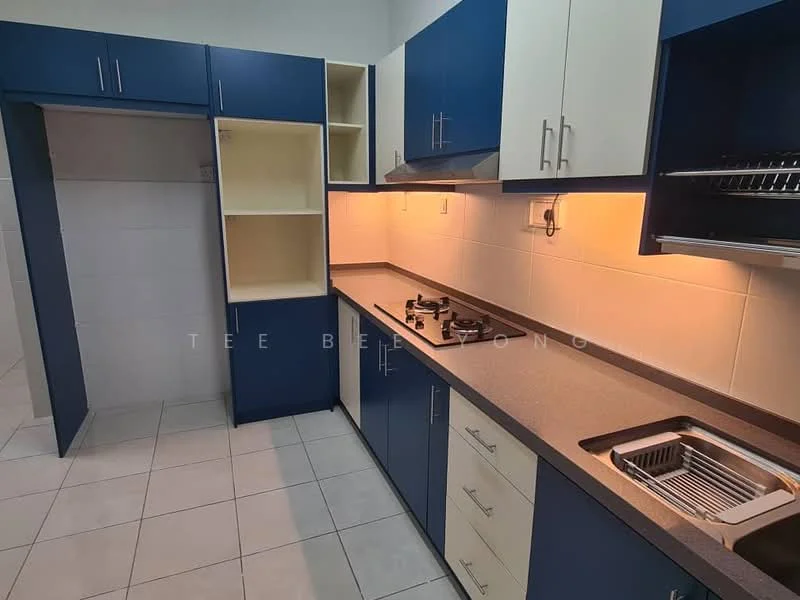 Kitchen features: blue and cream cabinetry, granite countertop, stainless-steel sink, chrome pull-down faucet, 4-burner gas hob, built-in oven, tile backsplash, under-cabinet lighting, open shelving, wall-mounted cabinets, floor tiles, utility area with shelving; style: modern.