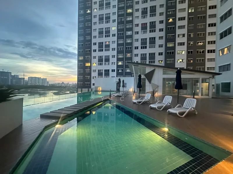 Exterior type: high-rise condominium; features: infinity pool, pool deck with loungers, surrounded by glass railing, wooden decking, landscaped area, city skyline view, modern architectural design, outdoor umbrellas; style: modern.