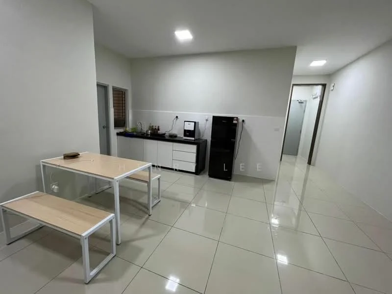 Kitchen features: white painted walls, glossy tile flooring, kitchen cabinets with flat-panel design, black countertop, stainless-steel sink, single-bowl stainless-steel sink, built-in microwave, refrigerator, dining table with wooden top, bench seating, overhead lighting, door leading to hallway; style: modern. Room features: glossy tile flooring, white painted walls, door leading to bathroom, door leading to hallway.
