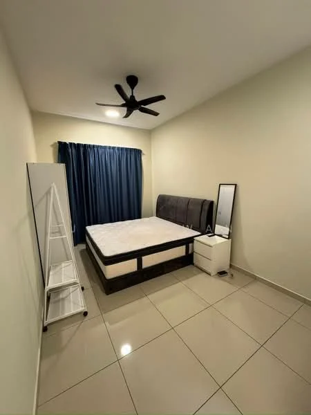 Bedroom features: queen-size bed, upholstered headboard, 2 bedside tables, floor-to-ceiling mirror, white shelving unit, ceiling fan, blue curtains, cream painted walls, glossy tile flooring, recessed downlights; style: modern.