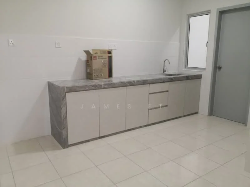 Kitchen features: grey marble countertop, single-bowl stainless-steel sink, chrome pull-down faucet, flat-panel beige cabinets, white tiled walls, cream tiled flooring, window with clear glass, door with grey finish; style: modern.