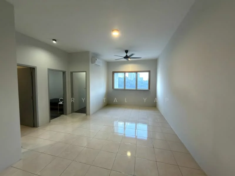 Living features: white painted walls, glossy ceramic tile flooring, 5-blade ceiling fan with light, large window with city view, air conditioning unit, recessed lighting, neutral color scheme, open layout; style: modern; view: city. Room features: doorway leading to another room, doorway leading to bathroom, neutral color scheme.