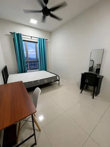 Bedroom features: floor-to-ceiling windows, grey walls, white tiled flooring, 5-blade ceiling fan, black metal bed frame, empty mattress, wooden study desk, white chair, black dressing table, mirror; style: modern; view: city.