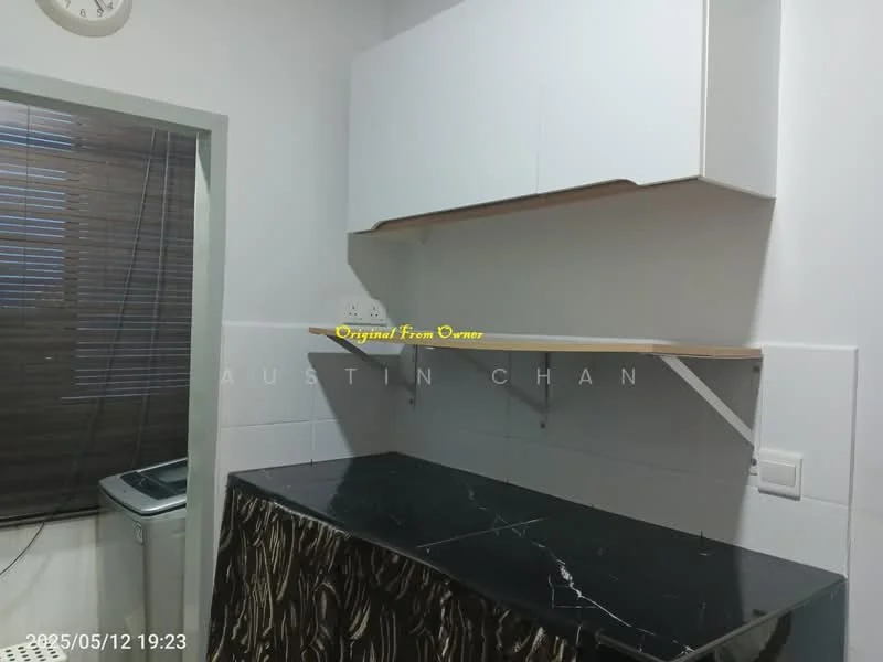Room features: black countertop, white upper cabinets, open shelving, white tiled walls, blinds on window, washing machine visible, decorative cabinet with textured surface, light fixture on ceiling; style: modern.