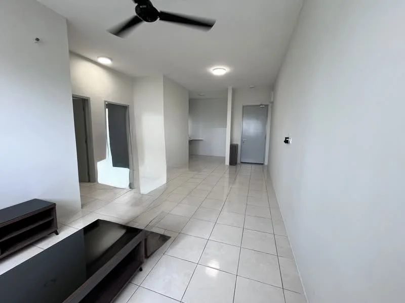 Living features: white painted walls, glossy tile flooring, 5-blade ceiling fan, large windows, wall-mounted light fixture, open layout, coffee table, TV console; style: modern. Room features: white painted walls, glossy tile flooring, doorways to other rooms, kitchen area visible in background.