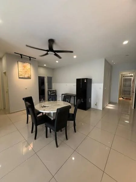 Dining features: round dining table with marble top, 4 upholstered dining chairs in black, 5-blade ceiling fan with light, white painted walls, glossy ceramic tile flooring, recessed downlights, framed artwork on wall, black refrigerator, open doorway leading to hallway; style: modern. Room features: white painted walls, glossy ceramic tile flooring, open doorway leading to kitchen, open doorway leading to hallway.
