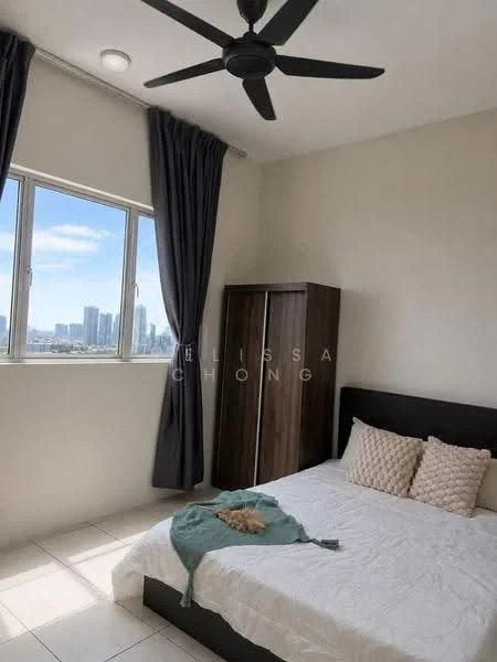 Bedroom features: queen-size bed, upholstered headboard, two decorative pillows, white bedding, wooden wardrobe, floor-to-ceiling windows, grey curtains, ceiling fan, tile flooring, city skyline view; style: modern; view: city.