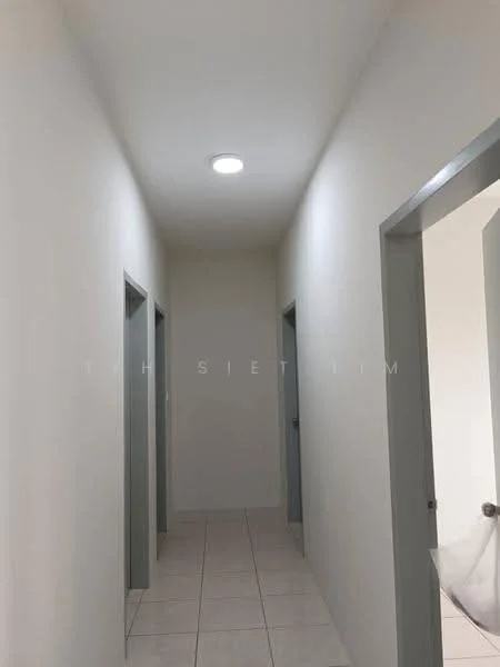 Hallway features: white painted walls, tile flooring, recessed ceiling light, multiple doorways, neutral color scheme; style: modern.
