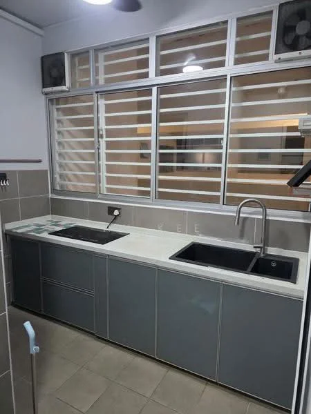 Kitchen features: grey cabinetry, white countertop, double-bowl sink, chrome pull-down faucet, sliding glass windows, wall-mounted split AC, tile backsplash, ceramic tile flooring; style: modern.