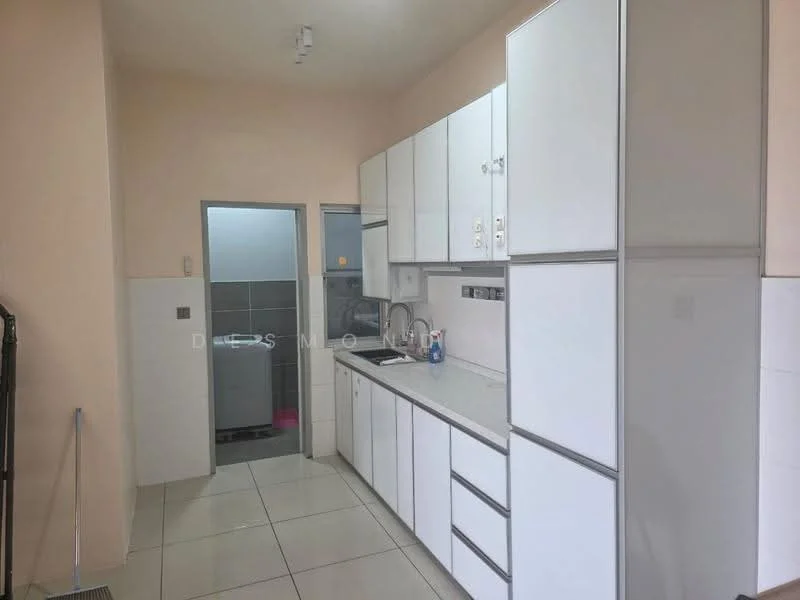 Kitchen features: white cabinetry, granite countertop, stainless-steel sink, chrome pull-down faucet, built-in oven, freestanding range oven, ceramic tile flooring, recessed downlights, white tiled backsplash, wall-mounted cabinets, open shelving, door leading to laundry area, neutral wall color; style: modern.