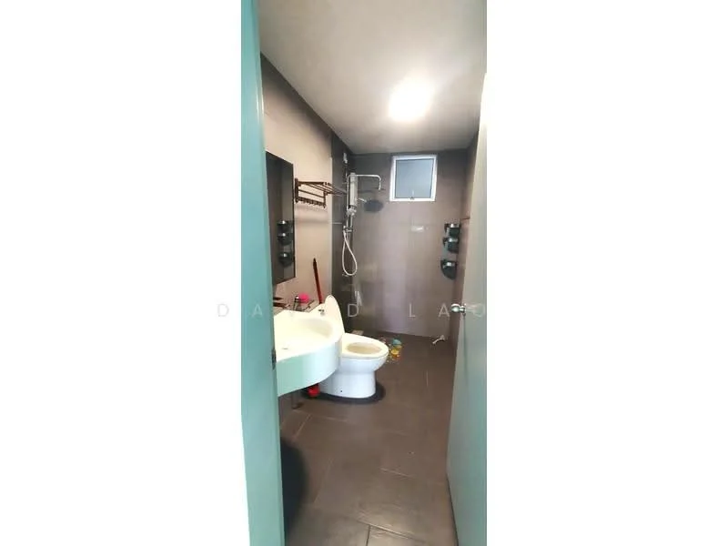 Bathroom features: walk-in shower with glass enclosure, chrome handheld shower, white toilet, single-sink vanity with dark cabinet, mirror above vanity, tile flooring, grey tiled walls, wall-mounted towel rack, window for natural light; style: modern.