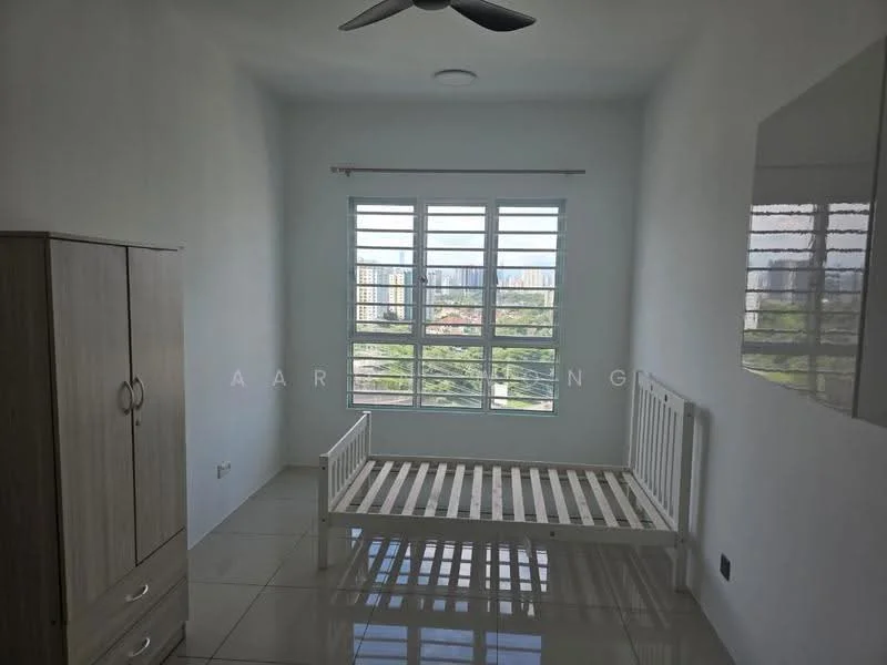 Bedroom features: white painted walls, glossy tile flooring, 5-blade ceiling fan, window with horizontal slats, single bed frame, built-in wardrobe with wood finish, natural light from window, city skyline view; style: modern; view: city.
