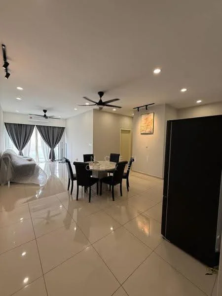 Living features: white painted walls, glossy tile flooring, 5-blade ceiling fan with light, dining table with 4 chairs, floor-to-ceiling windows, sheer curtains, refrigerator, sofa covered with protective wrap, decorative artwork on wall, recessed downlights; style: modern.