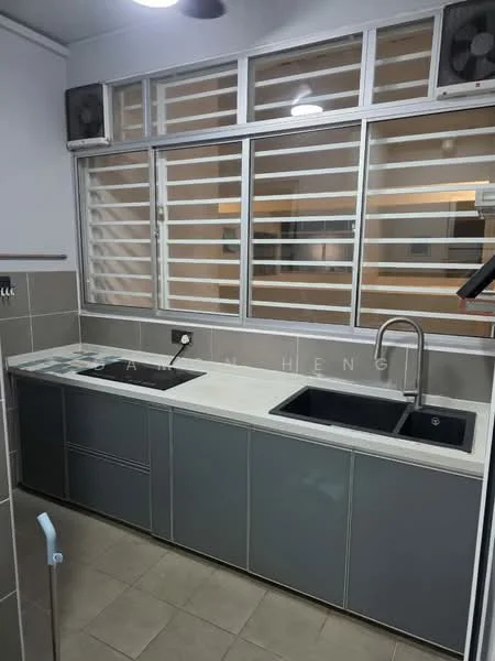 Kitchen features: grey cabinetry, white countertop, single-bowl stainless-steel sink, chrome pull-down faucet, wall-mounted split AC, sliding window with metal grilles, tile backsplash, ceramic tile flooring; style: modern.