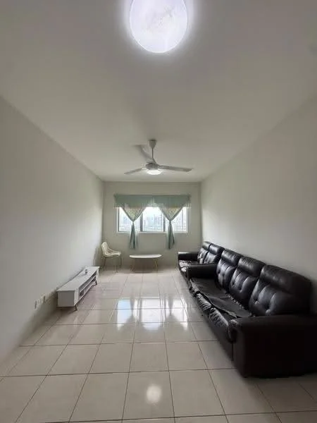 Living features: black leather sofa, white TV console, large windows with sheer curtains, ceiling fan, recessed ceiling light, glossy tile flooring, white painted walls, decorative wall molding; style: modern.