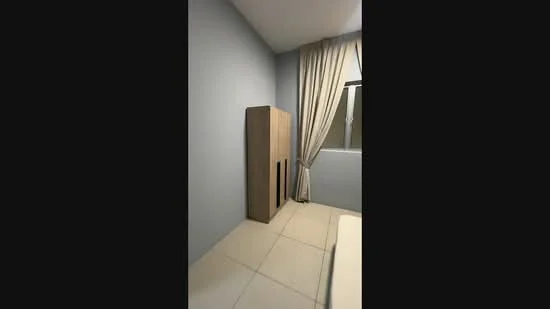 Bedroom features: light grey painted walls, floor-to-ceiling window, curtains, tile flooring, built-in wardrobe, queen-size bed, bedside table, decorative wall art; style: modern.