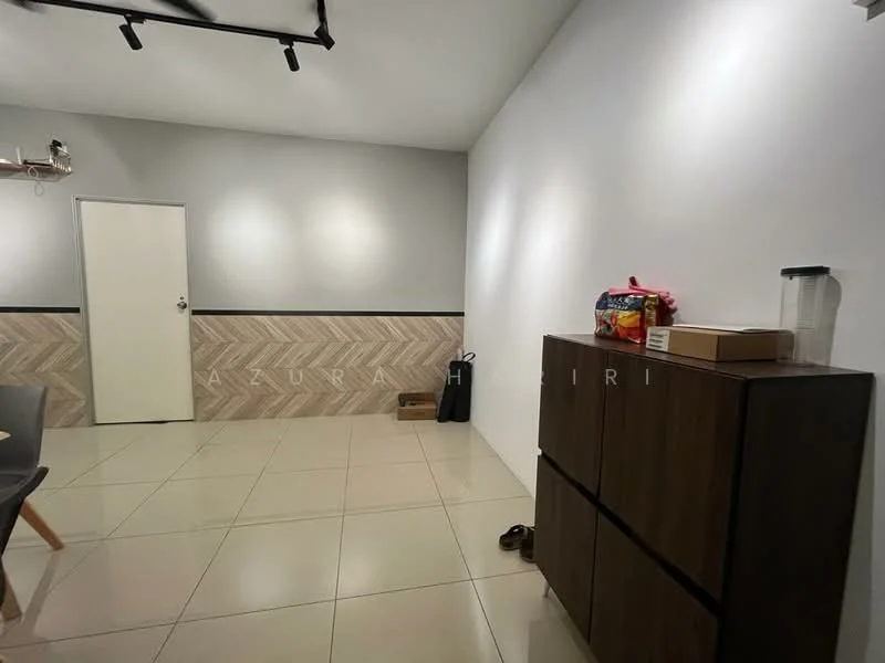 Room features: grey painted walls, wood panel accent wall with herringbone pattern, glossy tile flooring, recessed lighting, white ceiling, dark wood cabinet, box with lid, plastic container, shoes on floor; style: modern.
