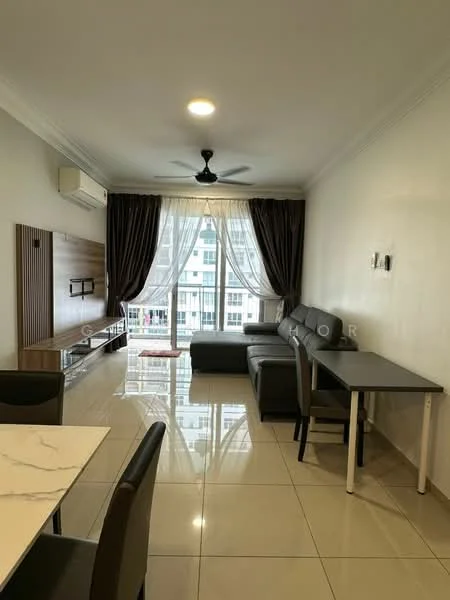 Living features: grey L-shape sectional sofa, wall-mounted TV, wooden TV console, white walls, cream tiled flooring, 5-blade ceiling fan with light, floor-to-ceiling windows, sheer curtains, dining table with 4 chairs, decorative rug; style: modern; view: city.