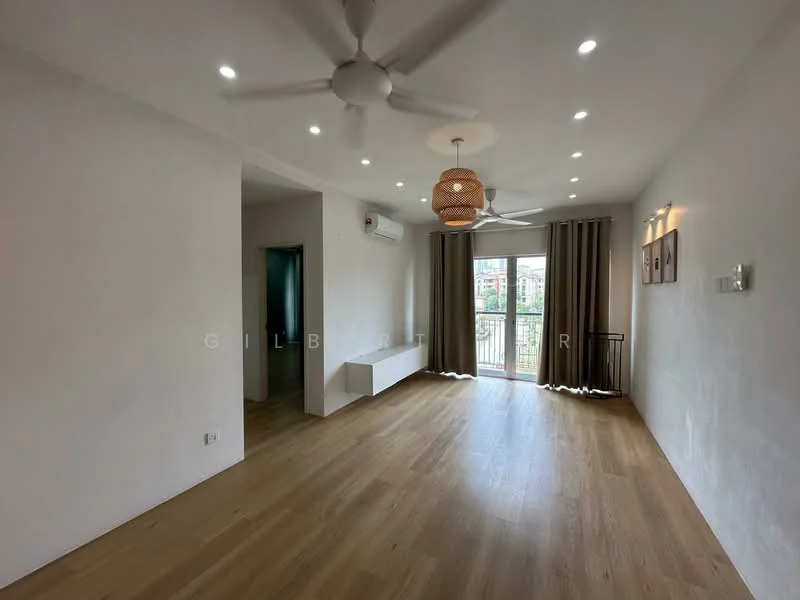 Living features: light wood flooring, white painted walls, 5-blade ceiling fan with light, recessed LED downlights, large sliding glass door, floor-to-ceiling windows, sheer curtains, decorative pendant light, wall-mounted air conditioning unit, open layout, balcony view; style: modern; view: city.