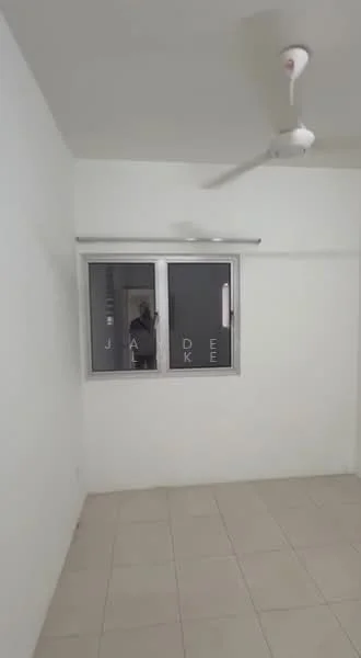 Room features: white painted walls, tile flooring, ceiling fan, window with sliding glass, neutral color scheme.