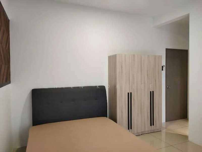 Bedroom features: queen-size bed with beige bedding, upholstered headboard in dark grey, light wood wardrobe with two doors, white painted walls, glossy tile flooring, neutral-colored bedding, minimalist decor, single door leading to hallway; style: modern.