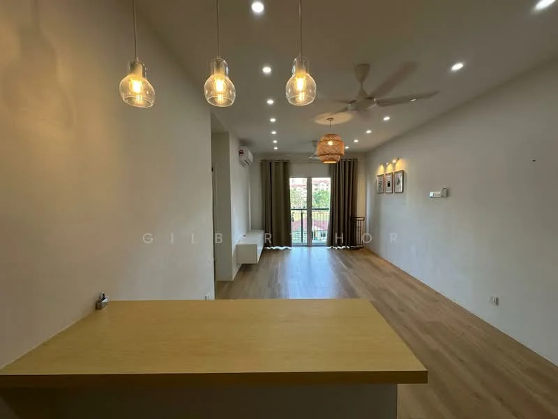 Living features: wooden flooring, white painted walls, recessed downlights, 5-blade ceiling fan, hanging pendant lights, sliding glass door, curtains, balcony view, open layout with kitchen, decorative wall art; style: modern; view: garden. Kitchen features: wooden countertop, bar seating, open layout; style: modern.