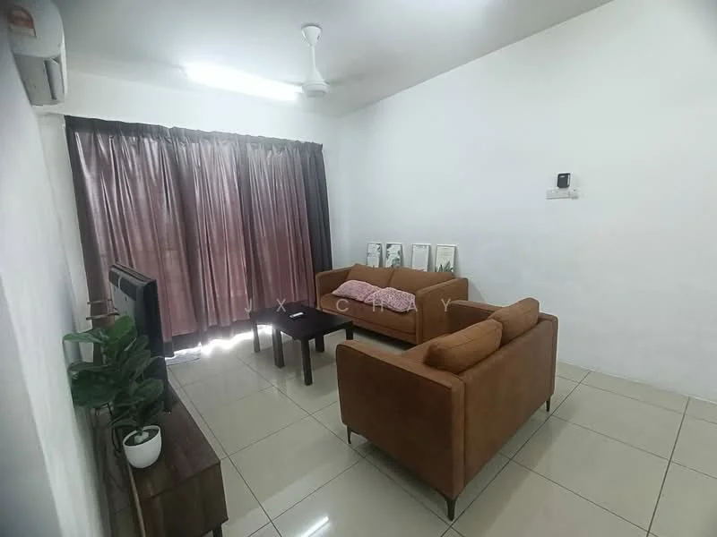 Living features: 2-seater fabric sofa in brown, 3-seater fabric sofa in brown, coffee table, wall-mounted TV, floor-to-ceiling windows, sheer curtains, light-colored walls, polished tile flooring, ceiling fan with light, decorative plant in ceramic pot; style: modern.